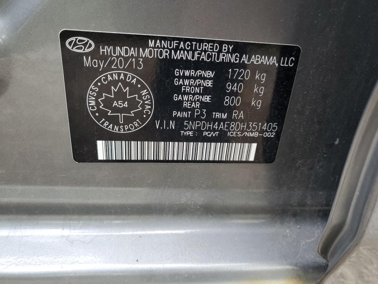 2013 Hyundai Elantra Gls VIN: 5NPDH4AE8DH351405 Lot: 70627365
