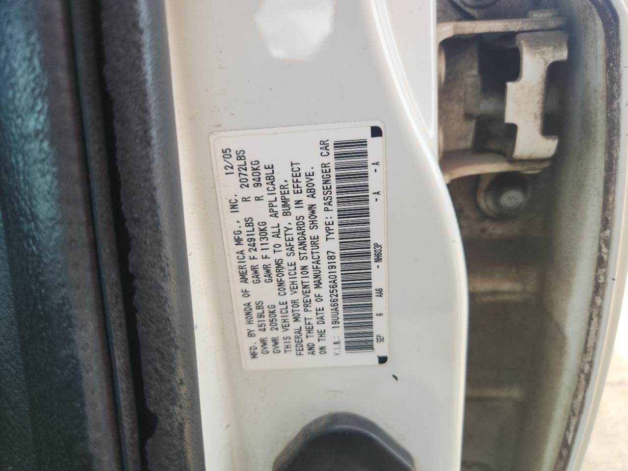 2006 Acura 3.2Tl VIN: 19UUA66256A019187 Lot: 81871205