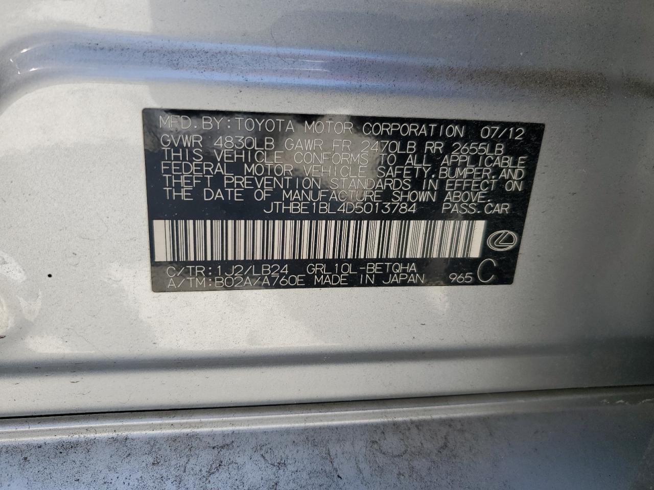 2013 Lexus Gs 350 VIN: JTHBE1BL4D5013784 Lot: 71198385