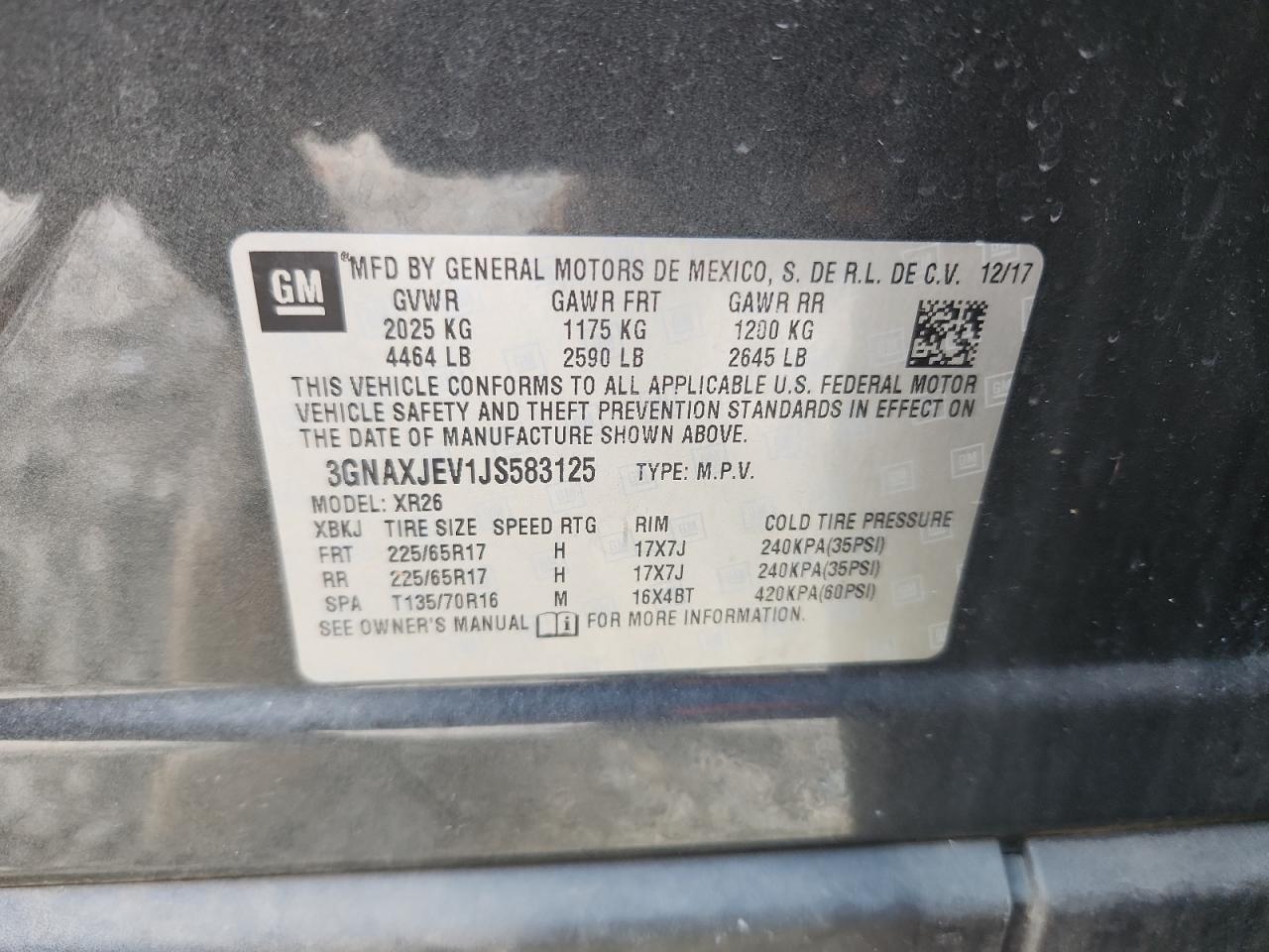 2018 Chevrolet Equinox Lt VIN: 3GNAXJEV1JS583125 Lot: 72002825