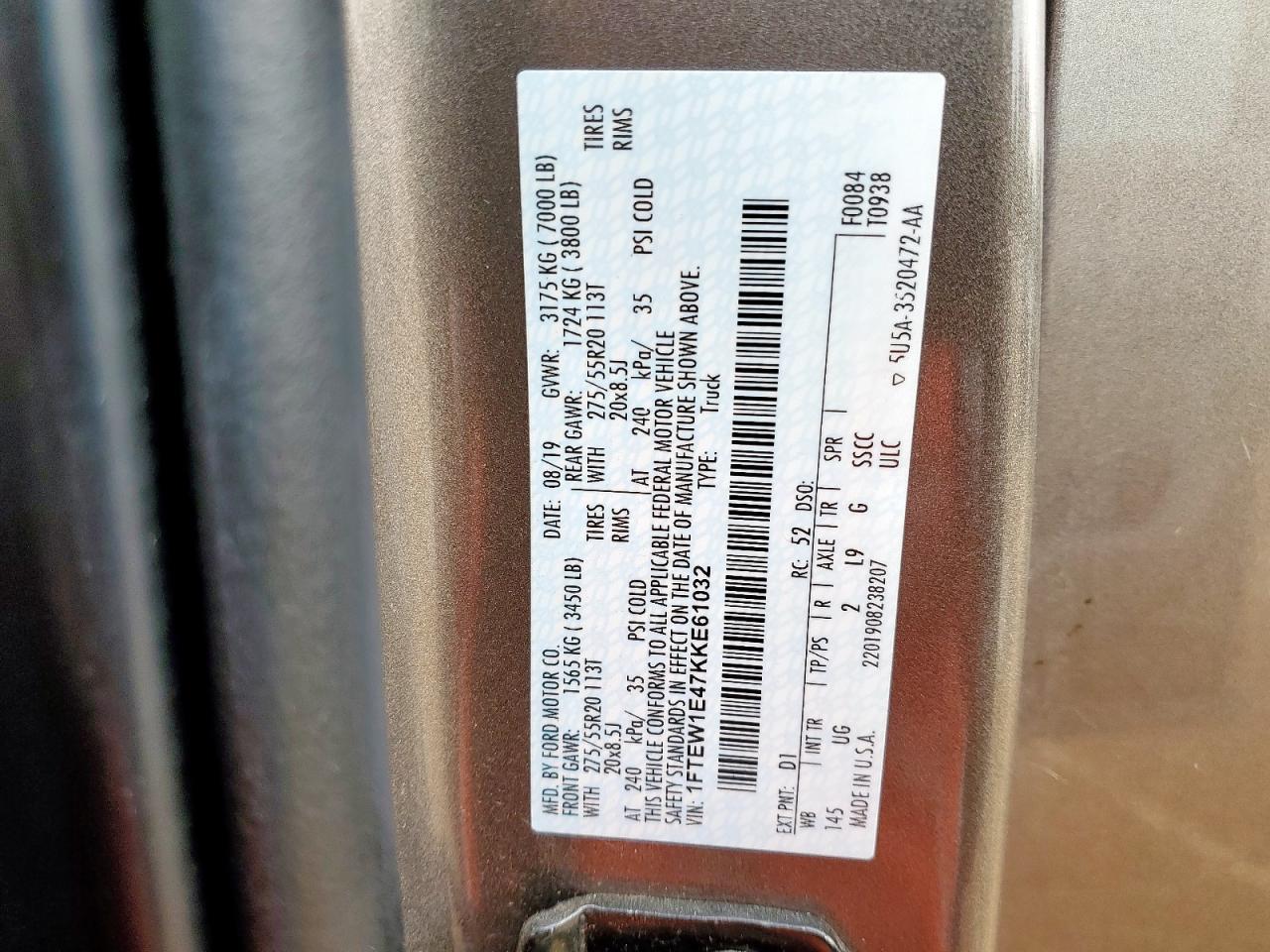 2019 Ford F150 Supercrew VIN: 1FTEW1E47KKE61032 Lot: 84583325