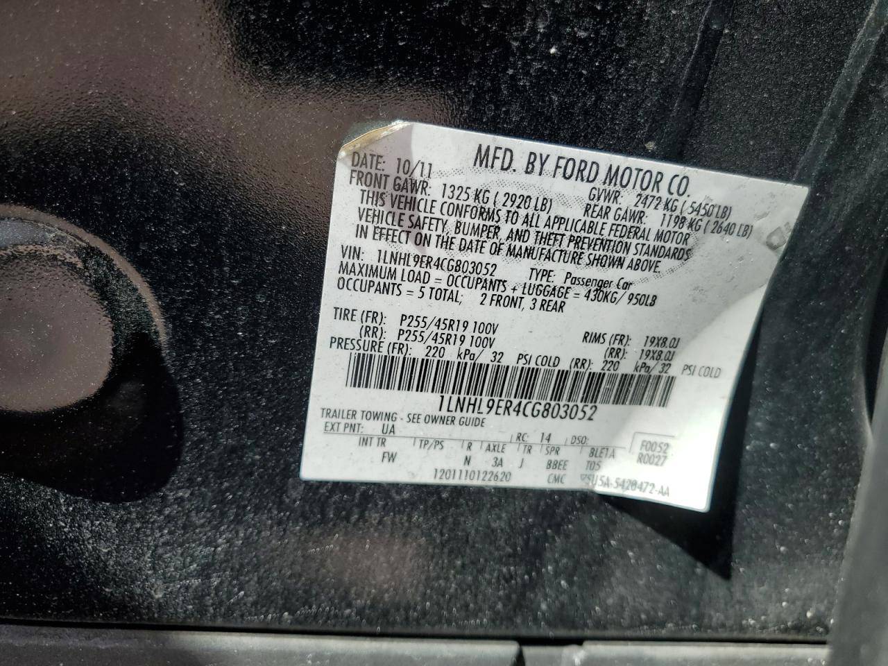 2012 Lincoln Mks VIN: 1LNHL9ER4CG803052 Lot: 84471685