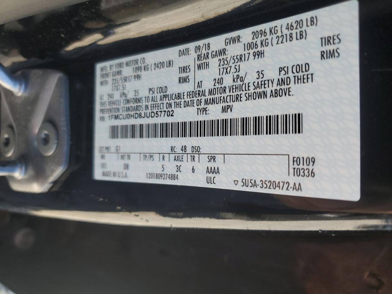 2018 Ford Escape Sel VIN: 1FMCU0HD8JUD57702 Lot: 80451325