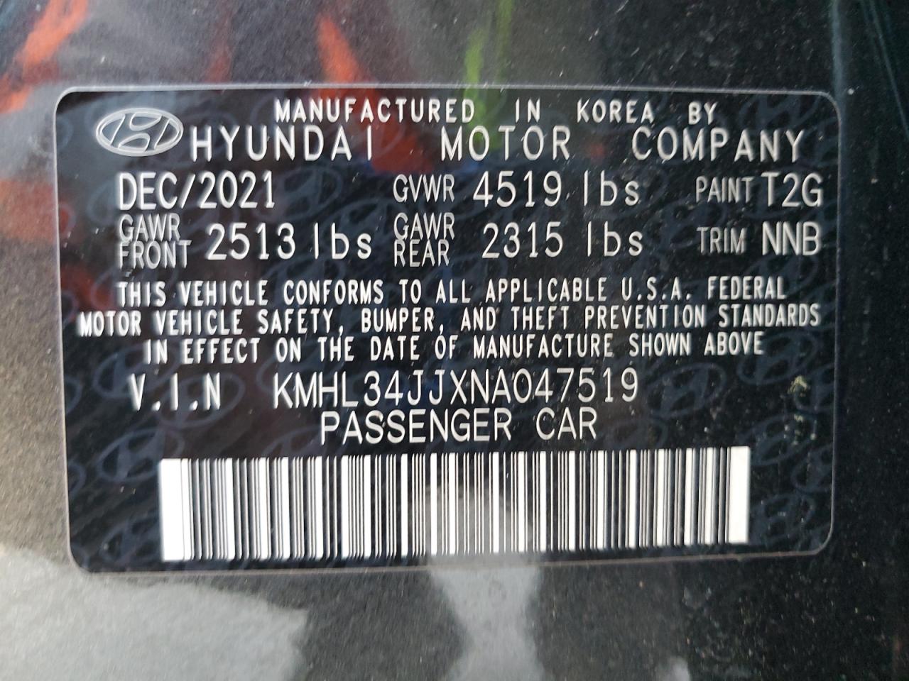 2022 Hyundai Sonata Hybrid VIN: KMHL34JJXNA047519 Lot: 80698355
