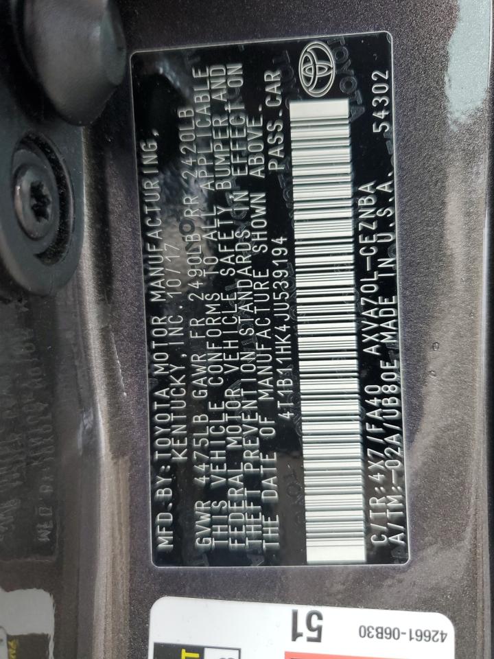 2018 Toyota Camry L VIN: 4T1B11HK4JU539194 Lot: 84551725