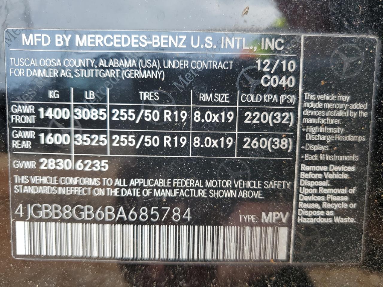 2011 Mercedes-Benz Ml 350 4Matic VIN: 4JGBB8GB6BA685784 Lot: 84863565