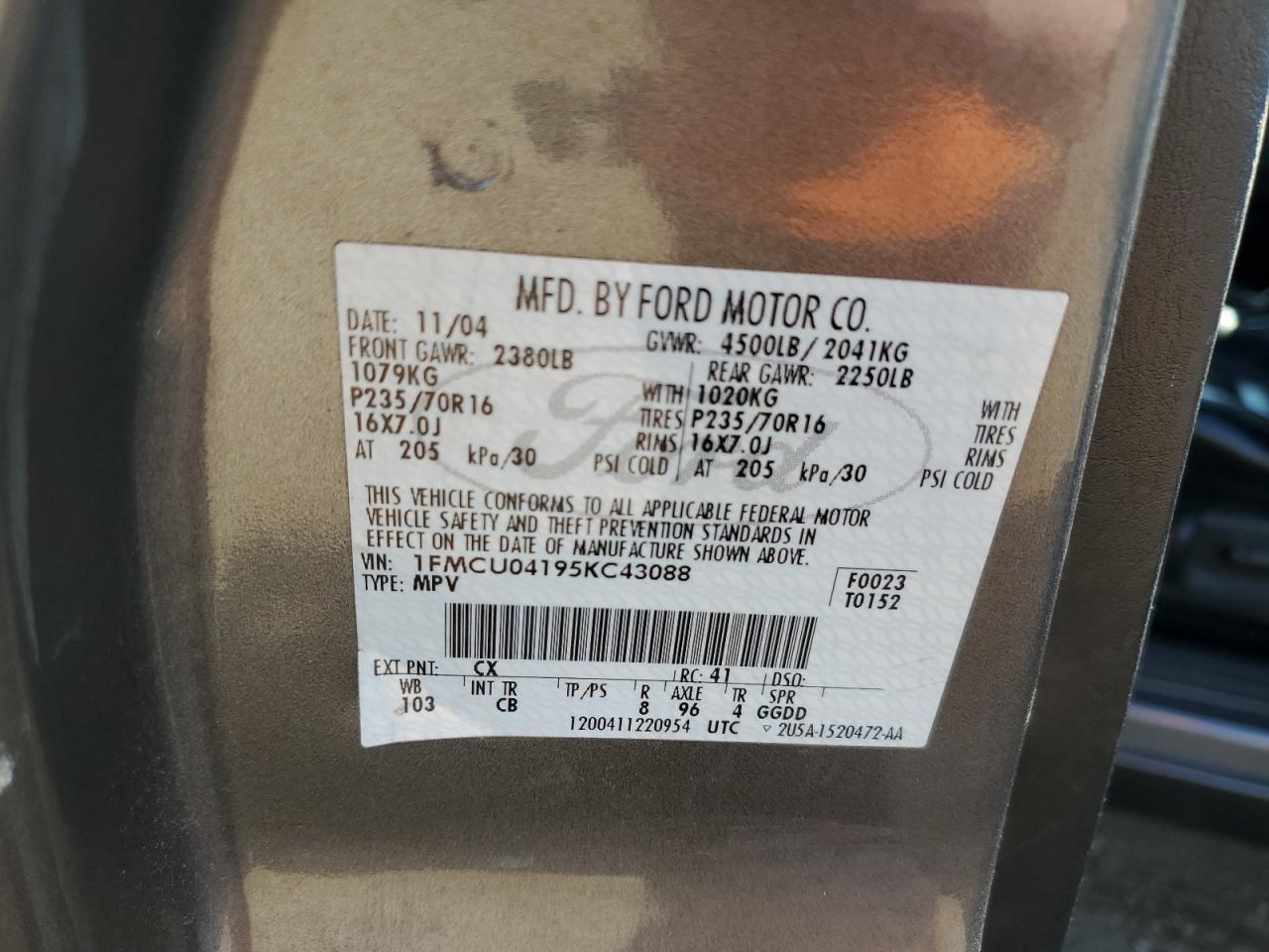 2005 Ford Escape Limited VIN: 1FMCU04195KC43088 Lot: 84524635