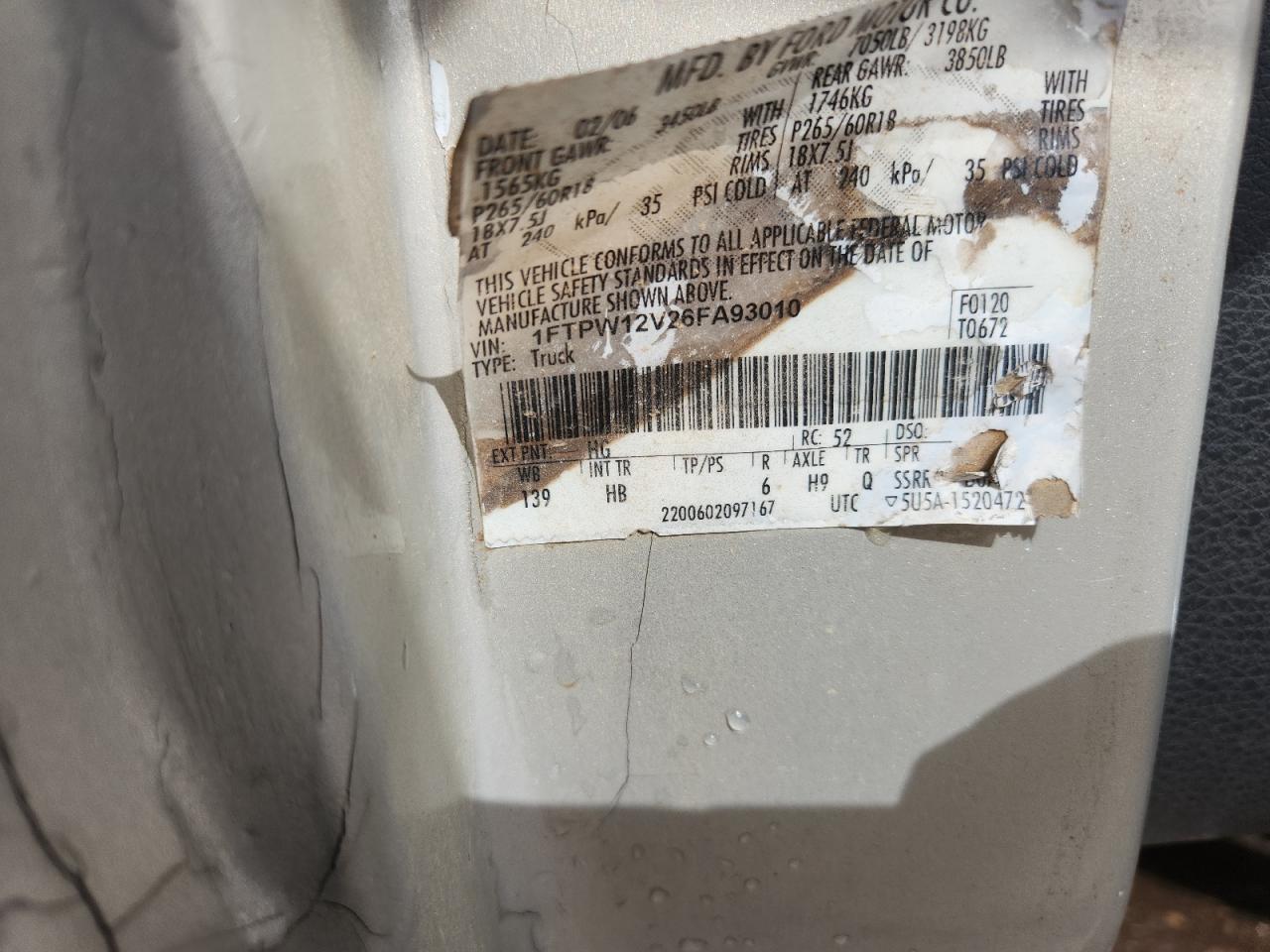 2006 Ford F150 Supercrew VIN: 1FTPW12V26FA93010 Lot: 83843545