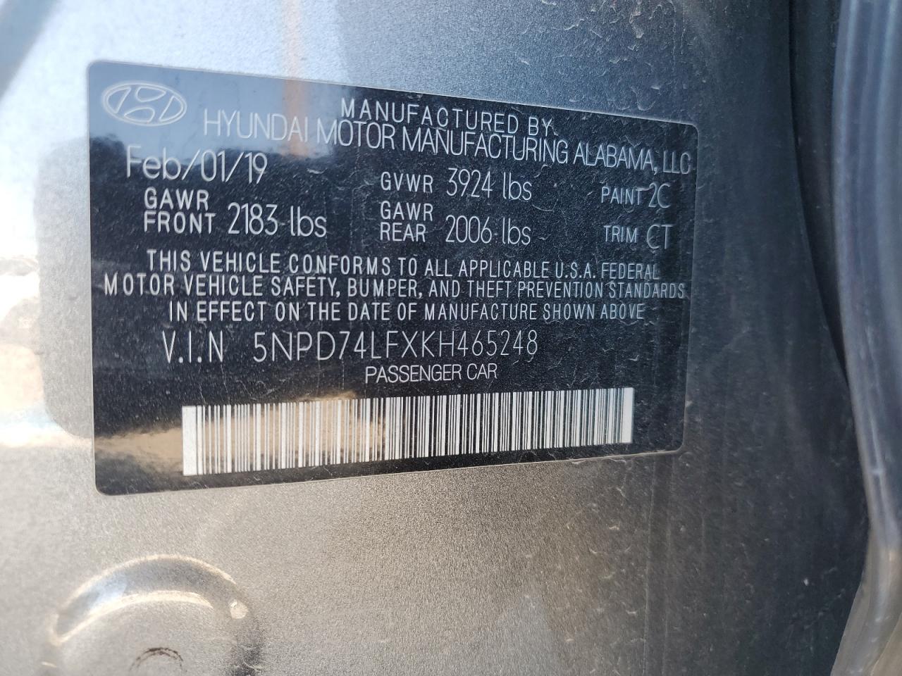 2019 Hyundai Elantra Se VIN: 5NPD74LFXKH465248 Lot: 71594275