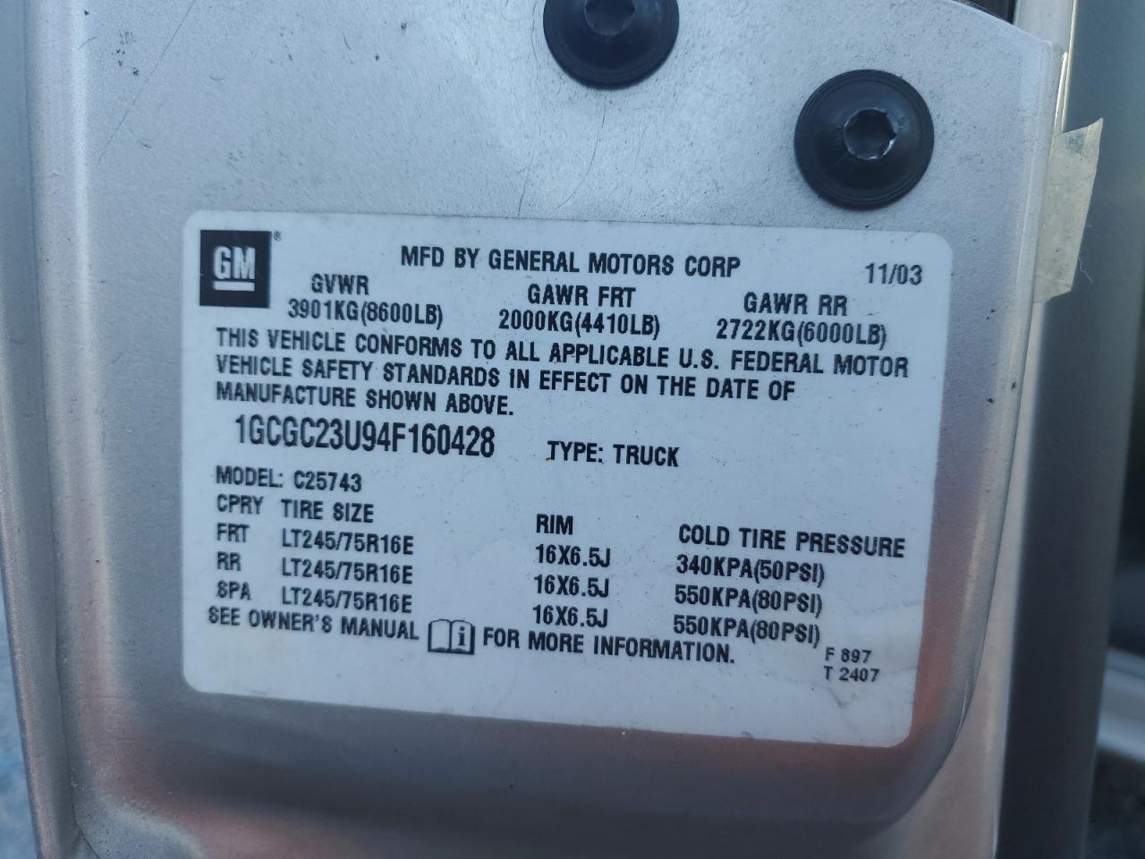 2004 Chevrolet Silverado C2500 VIN: 1GCGC23U94F160428 Lot: 81800435