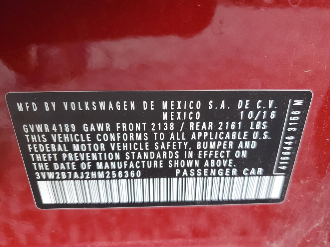 2017 Volkswagen Jetta S VIN: 3VW2B7AJ2HM256360 Lot: 81808555