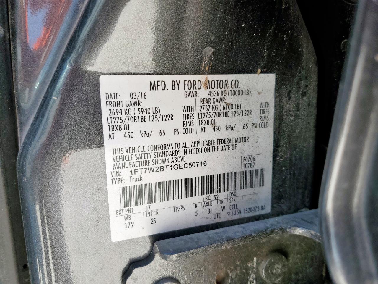 2016 Ford F250 Super Duty VIN: 1FT7W2BT1GEC50716 Lot: 80074665