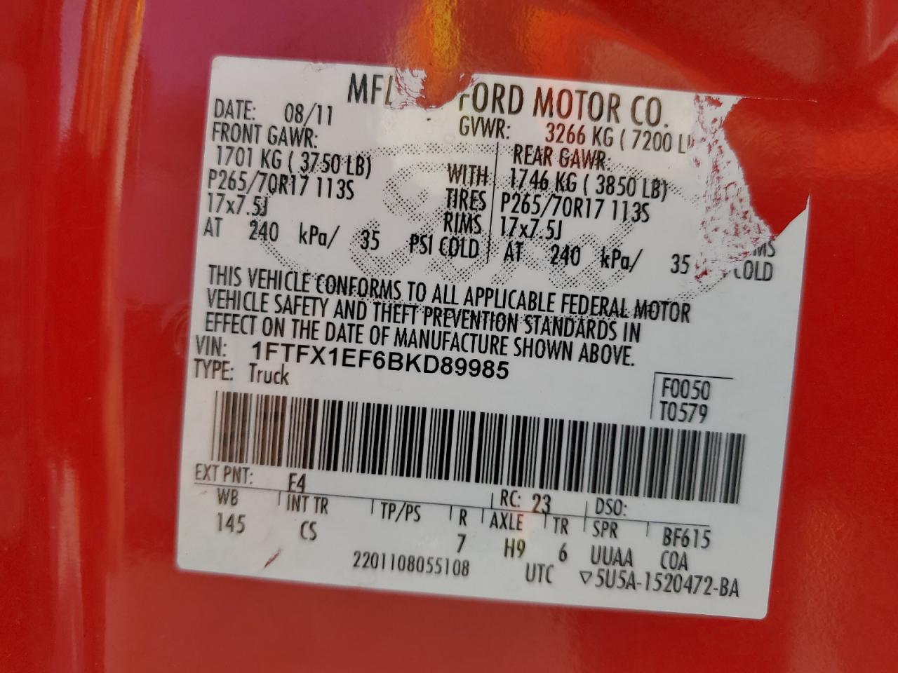 2011 Ford F150 Super Cab VIN: 1FTFX1EF6BKD89985 Lot: 71893305