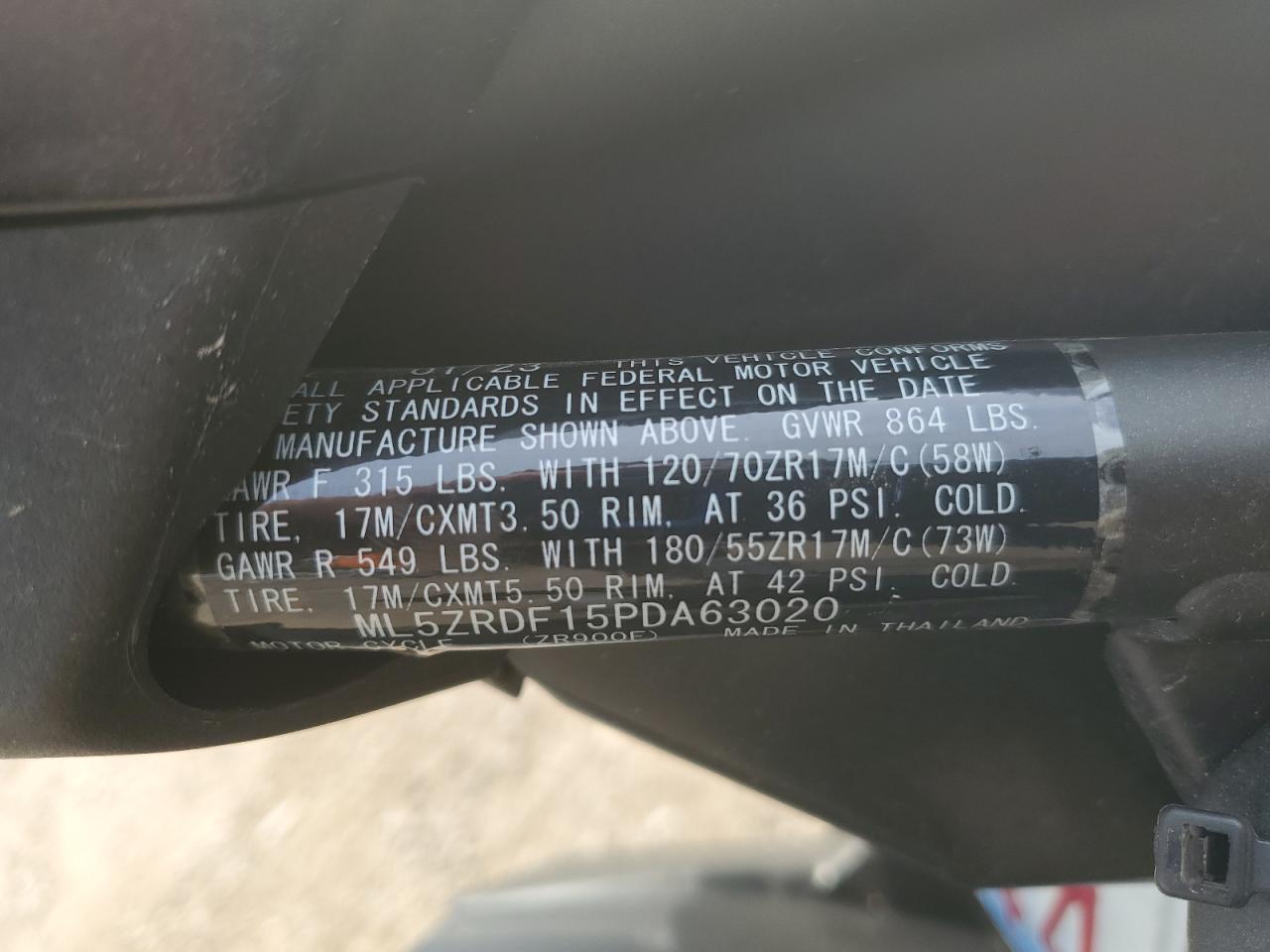 2023 Kawasaki Zr900 F VIN: ML5ZRDF15PDA63020 Lot: 71122445