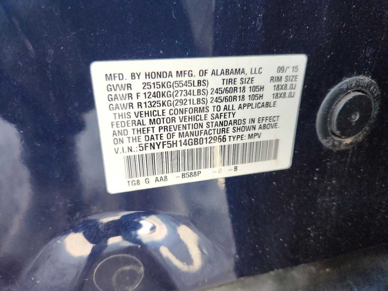 2016 Honda Pilot Lx VIN: 5FNYF5H14GB012966 Lot: 72063355