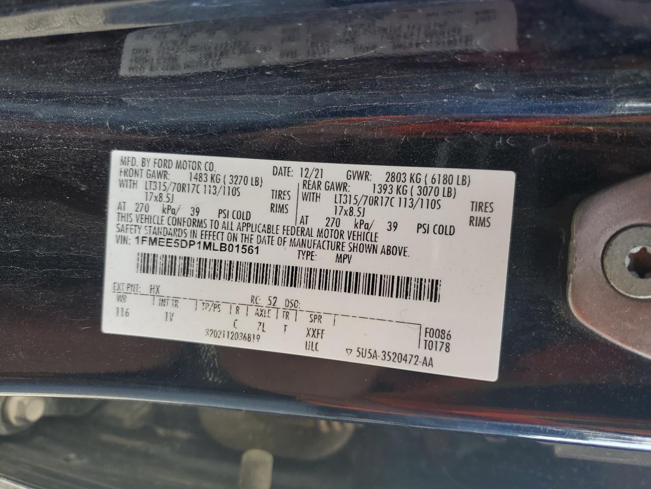 2021 Ford Bronco Base VIN: 1FMEE5DP1MLB01561 Lot: 81761165