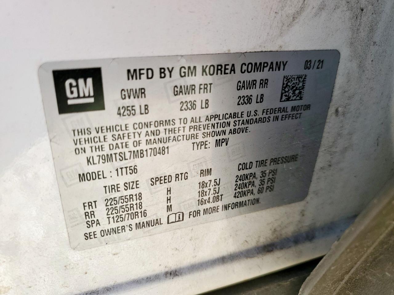 2021 Chevrolet Trailblazer Rs VIN: KL79MTSL7MB170481 Lot: 81858555