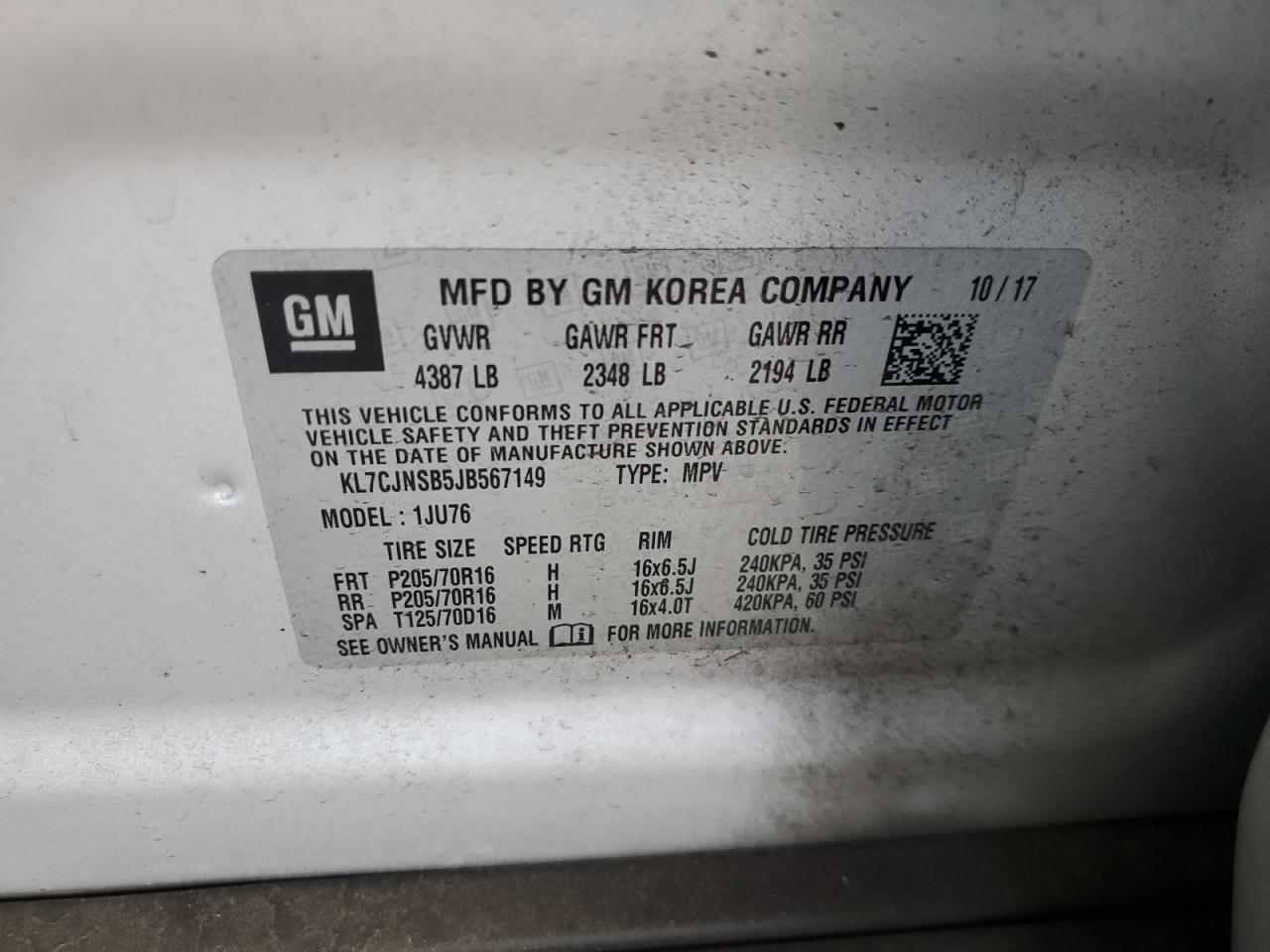 2018 Chevrolet Trax Ls VIN: KL7CJNSB5JB567149 Lot: 80660495