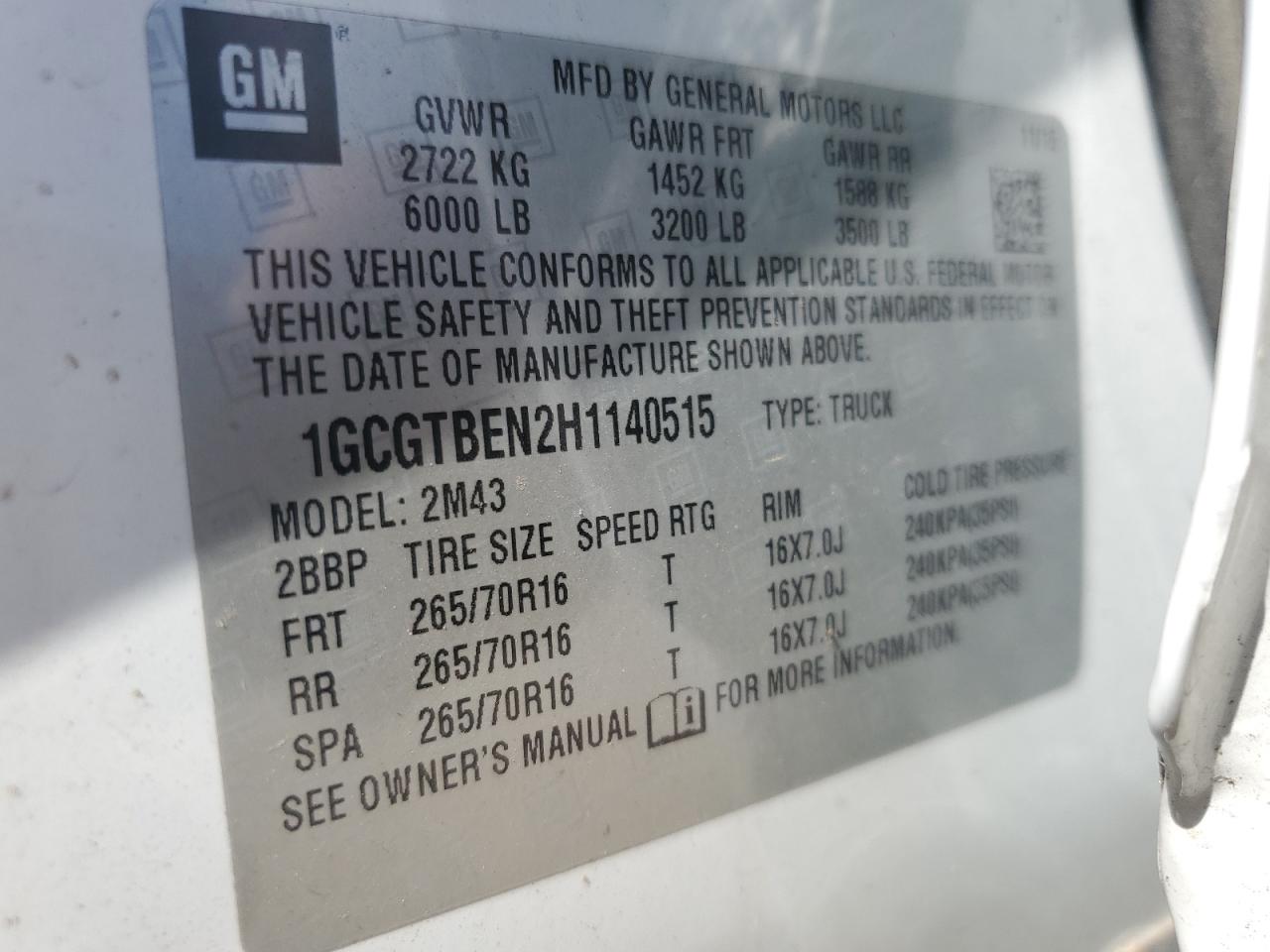 2017 Chevrolet Colorado VIN: 1GCGTBEN2H1140515 Lot: 84211245