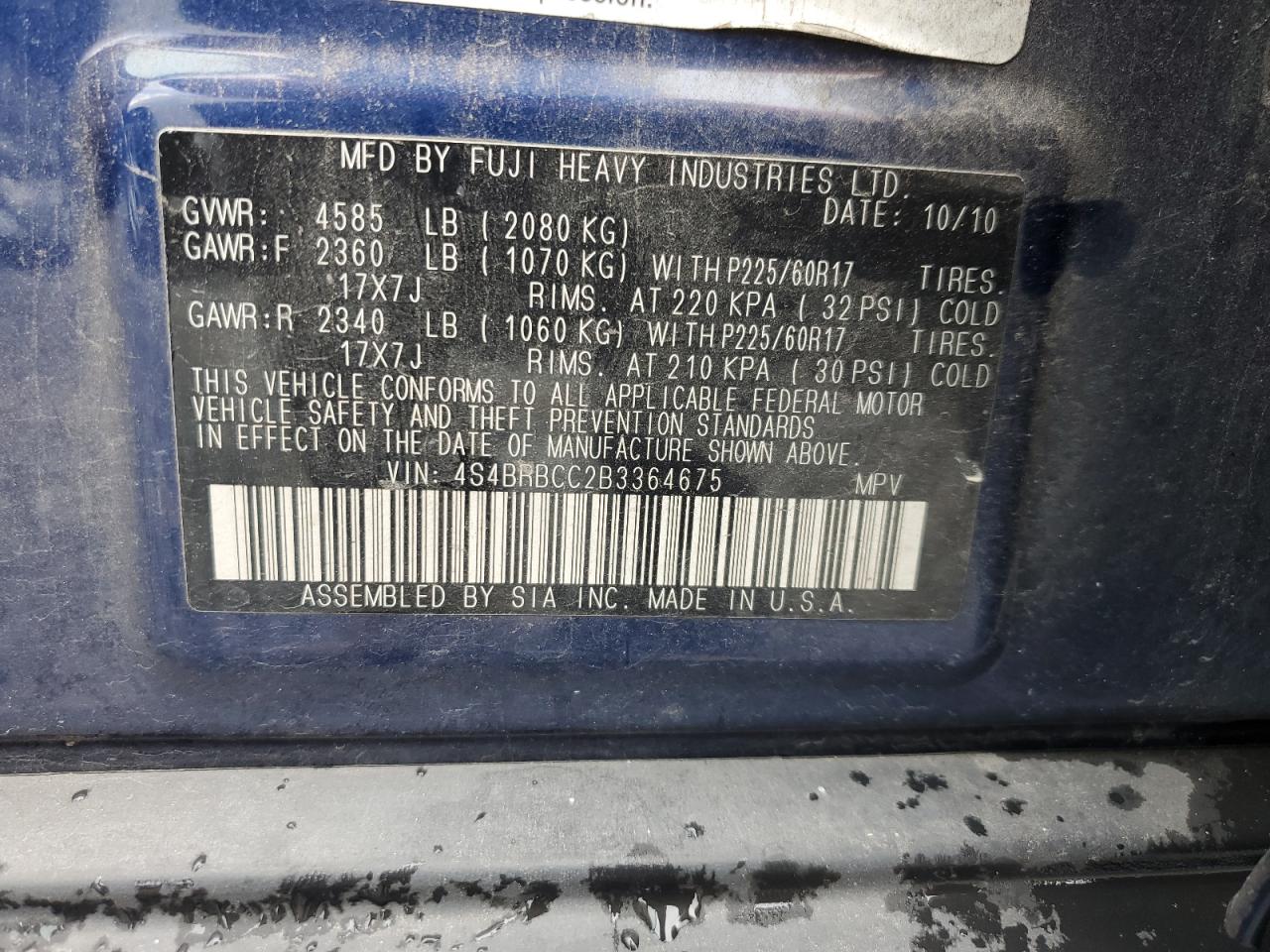 2011 Subaru Outback 2.5I Premium VIN: 4S4BRBCC2B3364675 Lot: 81847555