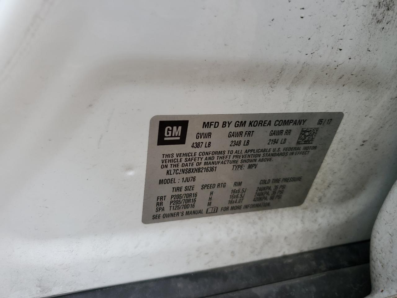 2017 Chevrolet Trax Ls VIN: KL7CJNSBXHB216361 Lot: 82048945