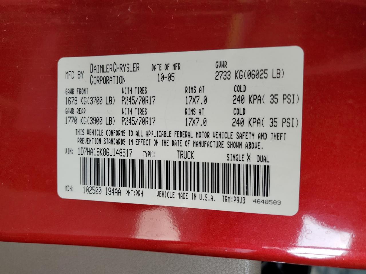 2006 Dodge Ram 1500 St VIN: 1D7HA16K86J148517 Lot: 80806235