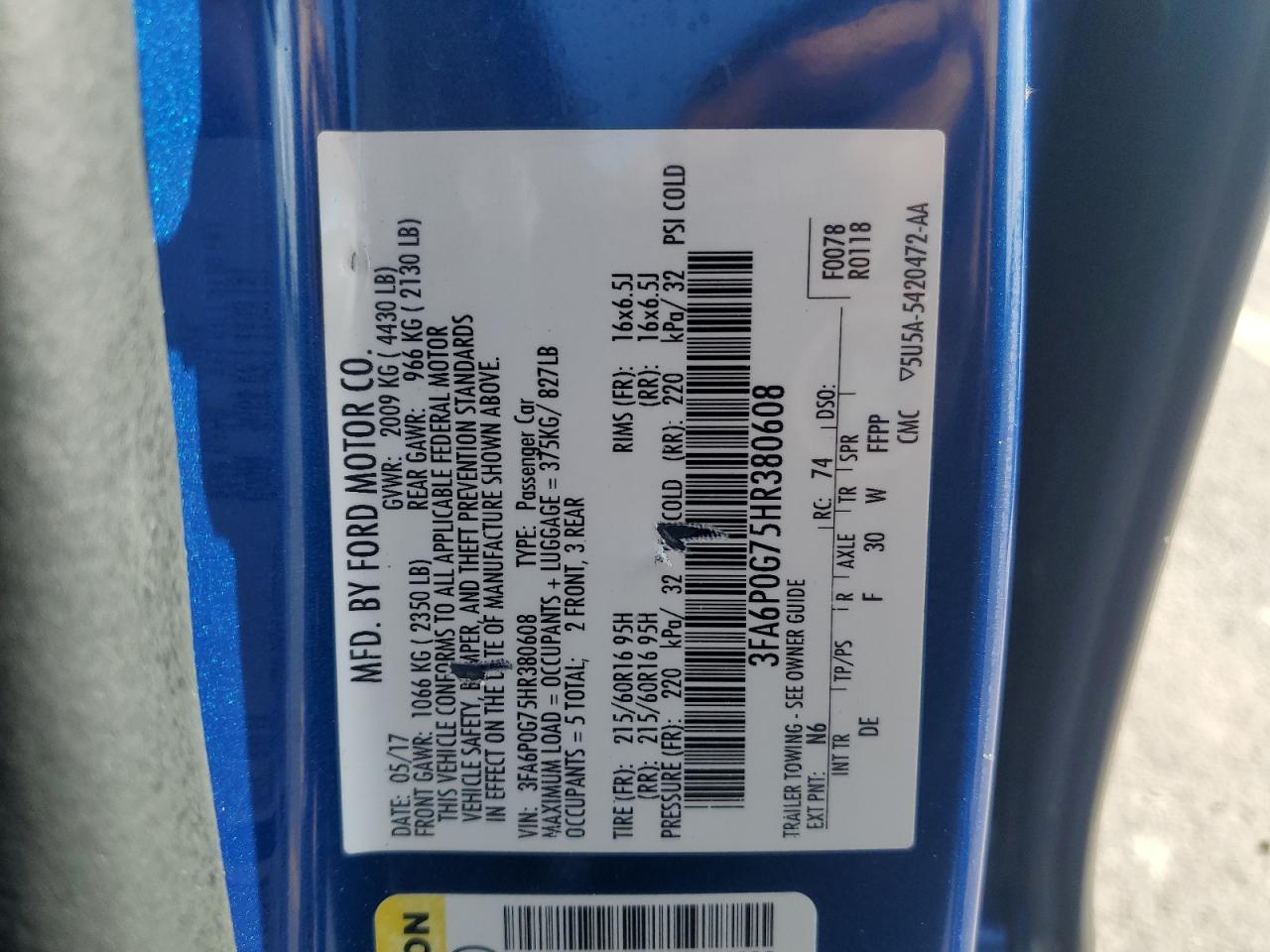 2017 Ford Fusion S VIN: 3FA6P0G75HR380608 Lot: 81863285