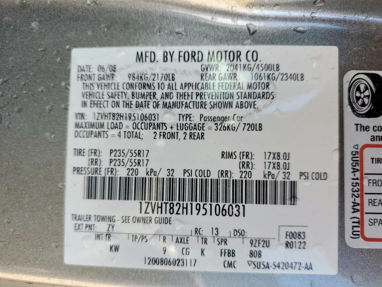 2009 Ford Mustang Gt VIN: 1ZVHT82H195106031 Lot: 81744055