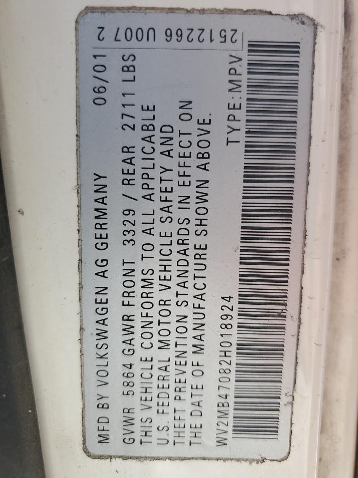 2002 Volkswagen Eurovan Mv VIN: WV2MB47082H018924 Lot: 81660045