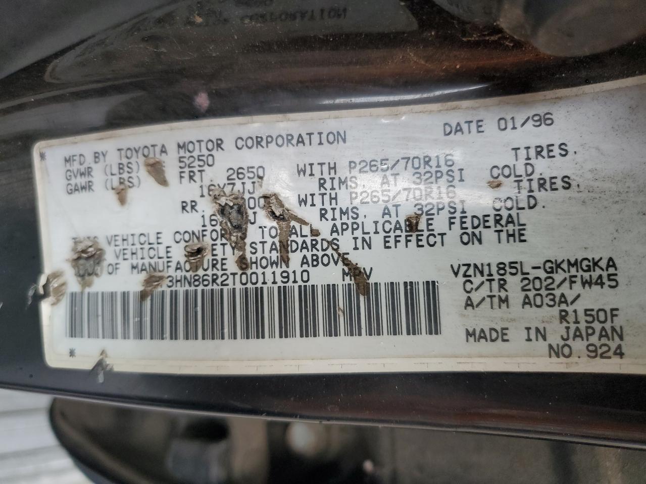 1996 Toyota 4Runner Sr5 VIN: JT3HN86R2T0011910 Lot: 81955475