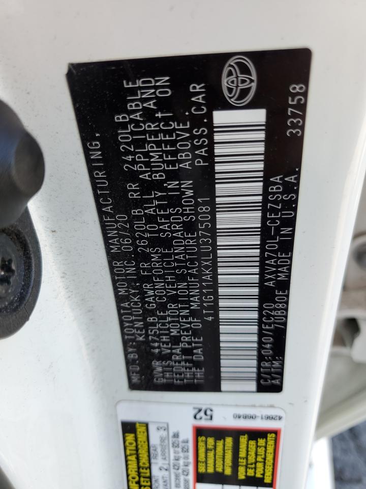 2020 Toyota Camry Se VIN: 4T1G11AKXLU375081 Lot: 82143565