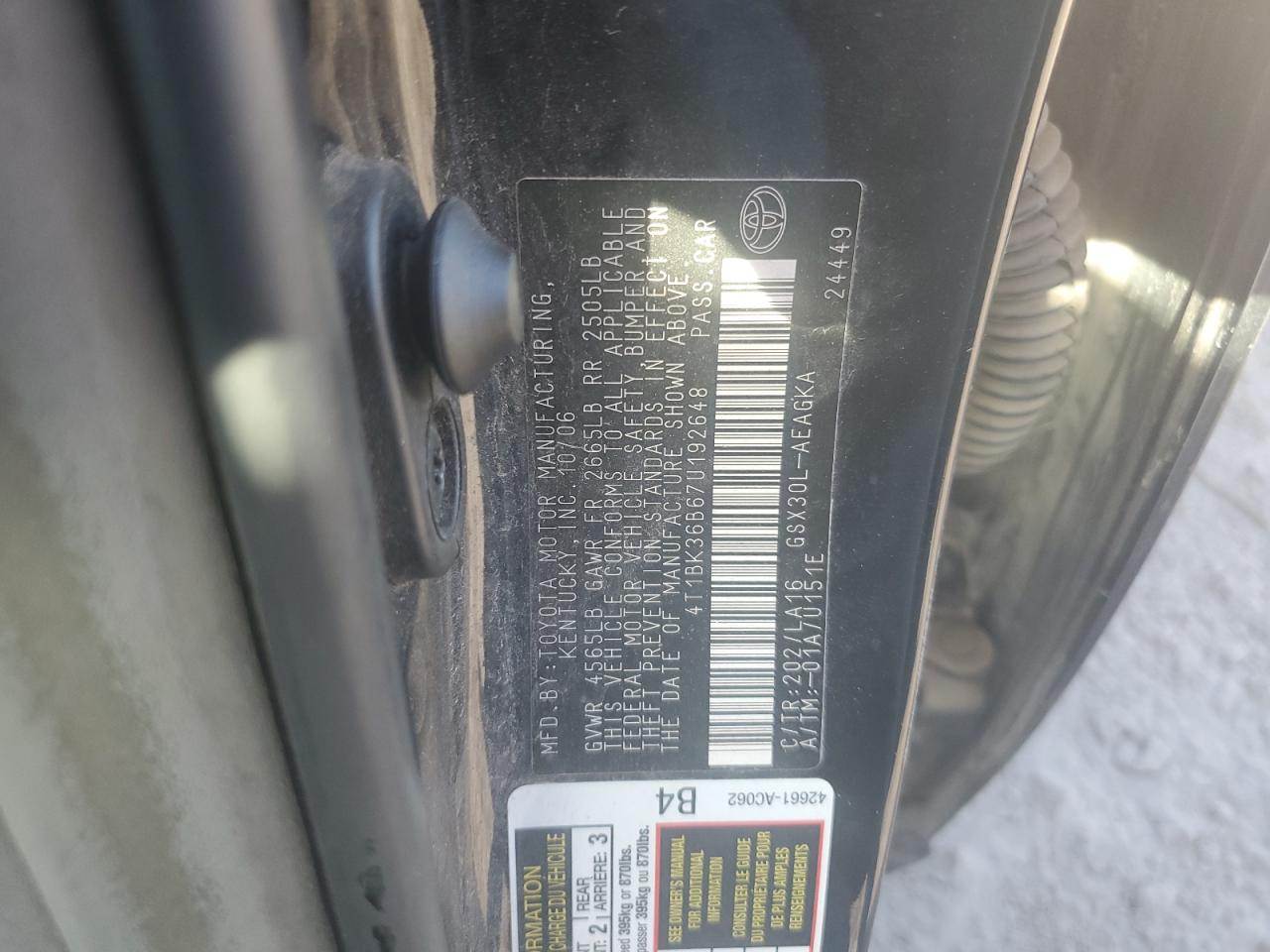 2007 Toyota Avalon Xl VIN: 4T1BK36B67U192648 Lot: 84221885