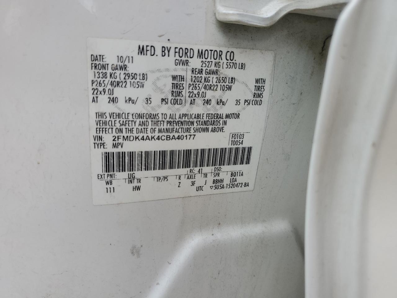 2012 Ford Edge Sport VIN: 2FMDK4AK4CBA40177 Lot: 83807815