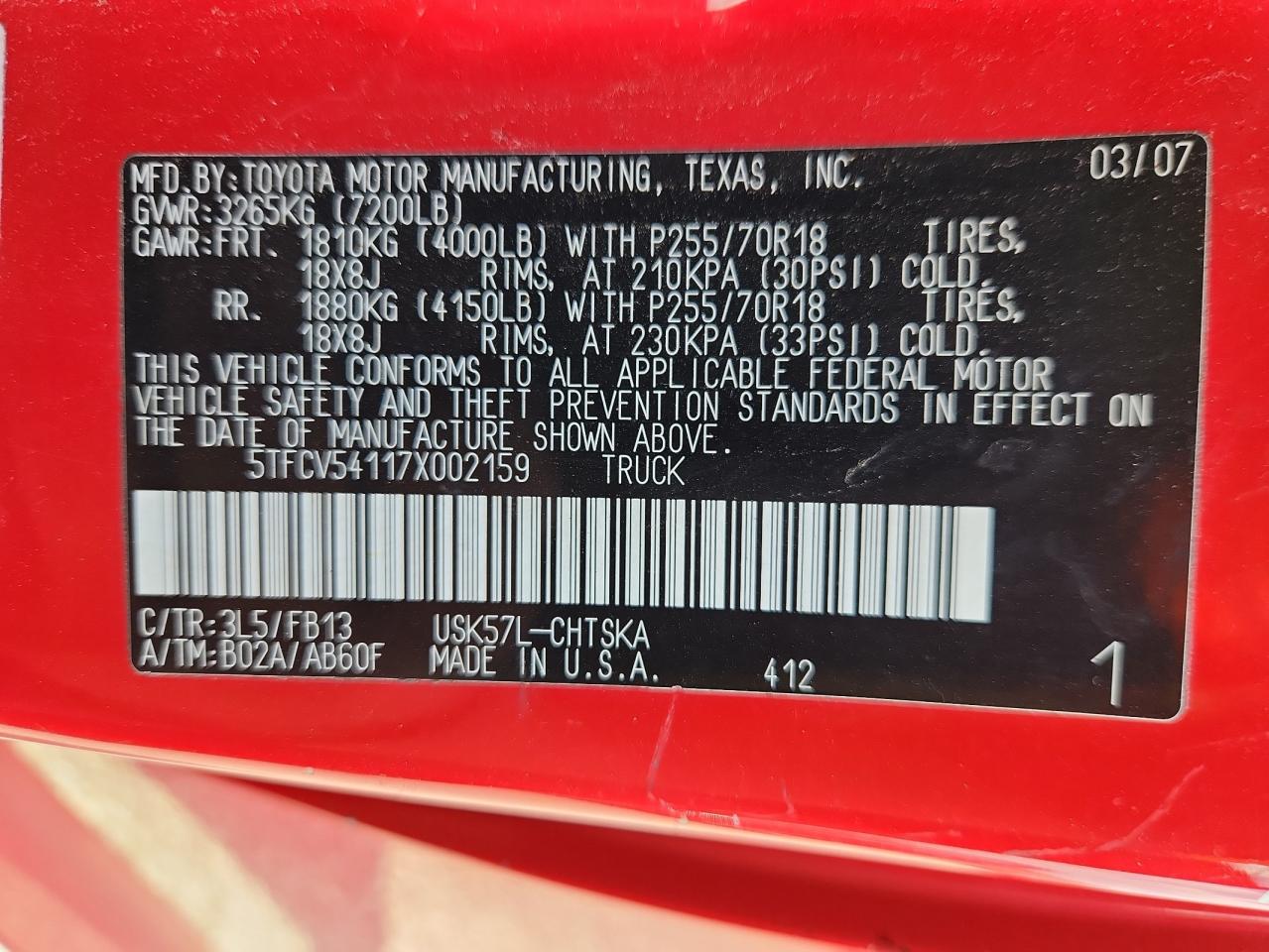 2007 Toyota Tundra Double Cab Sr5 VIN: 5TFCV54117X002159 Lot: 81703585