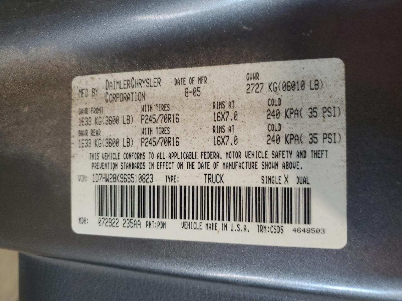 2006 Dodge Dakota Quad VIN: 1D7HW28K96S510823 Lot: 80066375