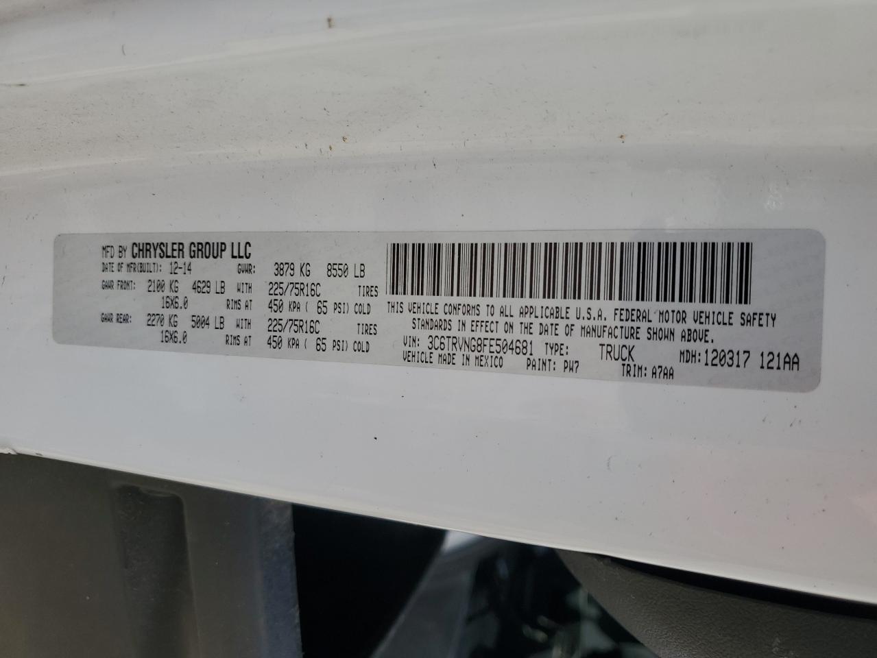 2015 Ram Promaster Cargo Van VIN: 3C6TRVNG8FE504681 Lot: 71369775