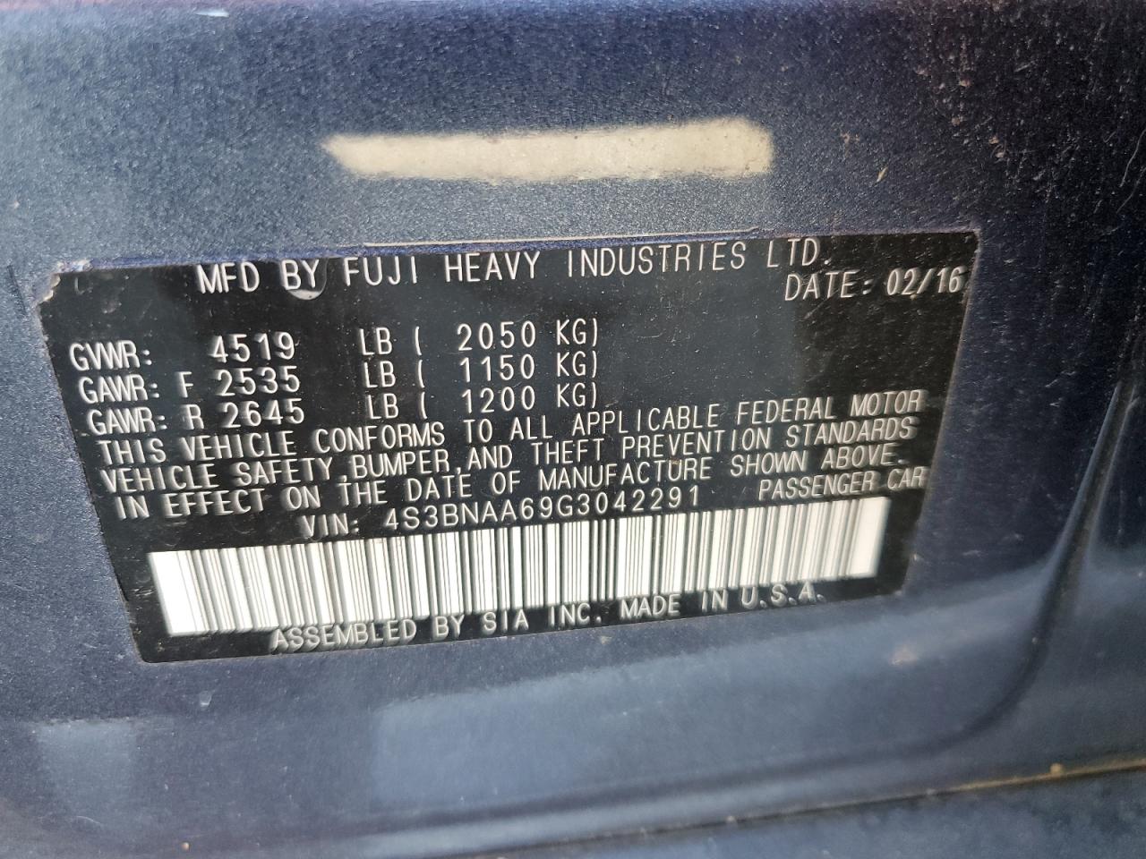 2016 Subaru Legacy 2.5I VIN: 4S3BNAA69G3042291 Lot: 84289945