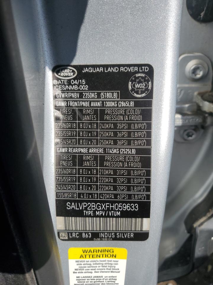 2015 Land Rover Range Rover Evoque Pure Plus VIN: SALVP2BGXFH059633 Lot: 84414785