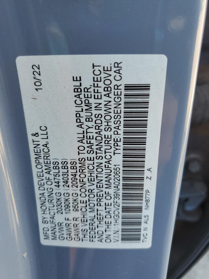 2022 Honda Accord Sport VIN: 1HGCV2F39NA020651 Lot: 84287245