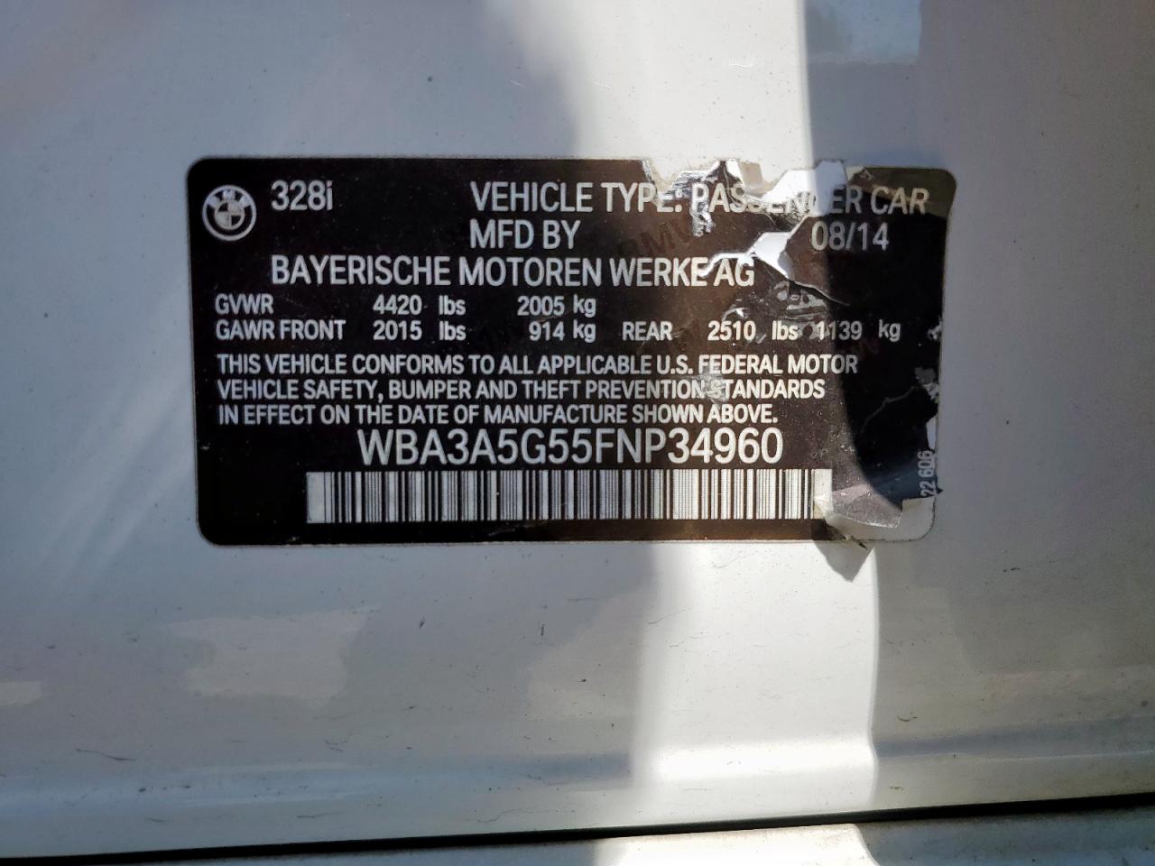 2015 BMW 328 I VIN: WBA3A5G55FNP34960 Lot: 80057755