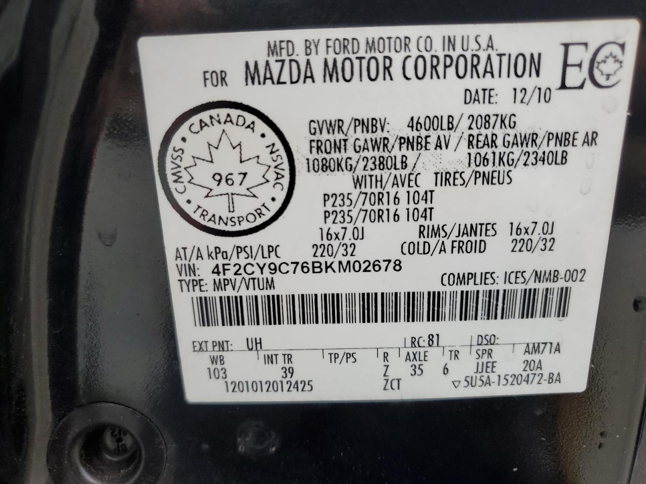 2011 Mazda Tribute I VIN: 4F2CY9C76BKM02678 Lot: 81153035