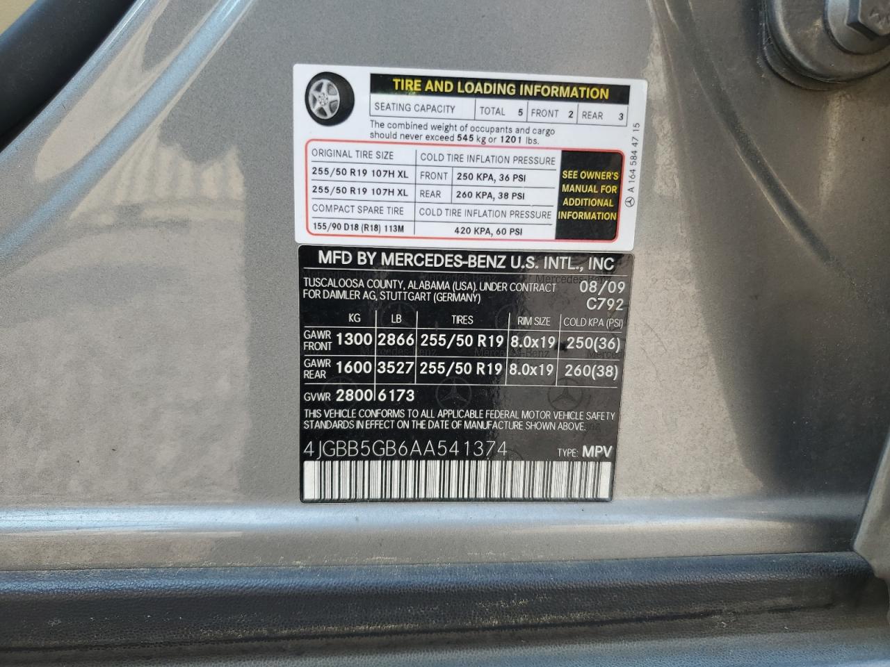 2010 Mercedes-Benz Ml 350 VIN: 4JGBB5GB6AA541374 Lot: 71875095