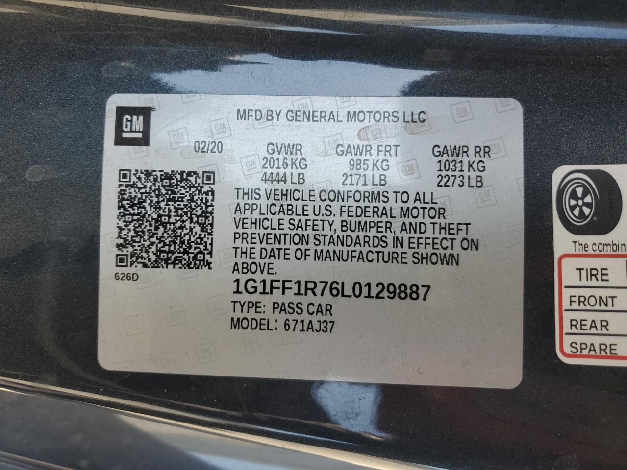 2020 Chevrolet Camaro Lz VIN: 1G1FF1R76L0129887 Lot: 80217865