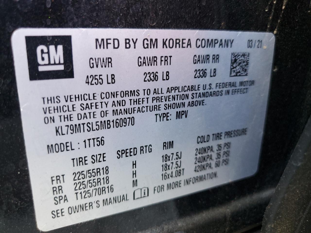 2021 Chevrolet Trailblazer Rs VIN: KL79MTSL5MB160970 Lot: 80944125