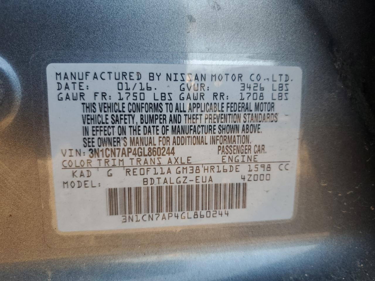 2016 Nissan Versa S VIN: 3N1CN7AP4GL860244 Lot: 81211625