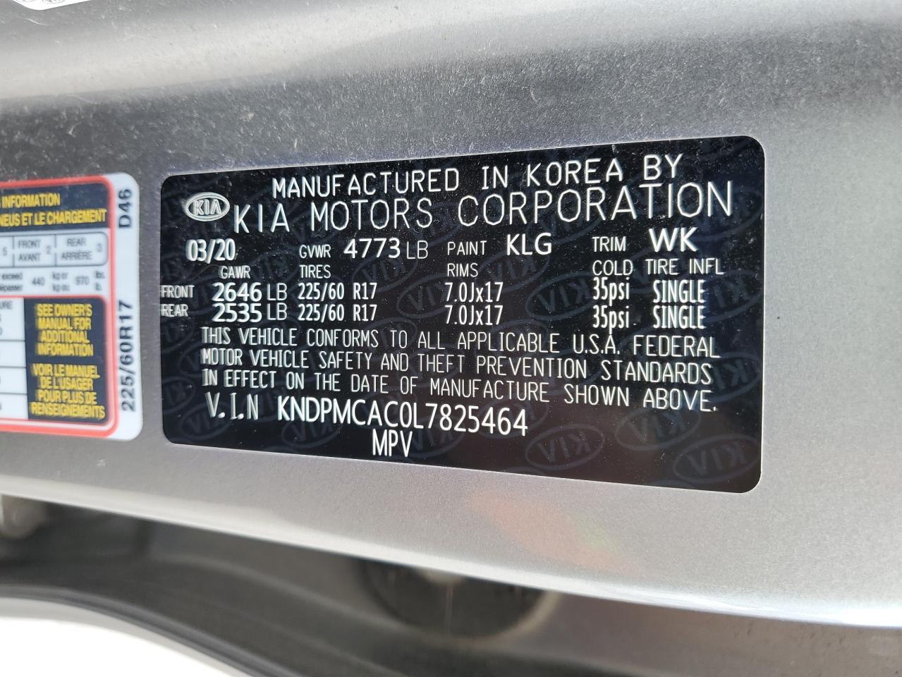 2020 Kia Sportage Lx VIN: KNDPMCAC0L7825464 Lot: 80465505