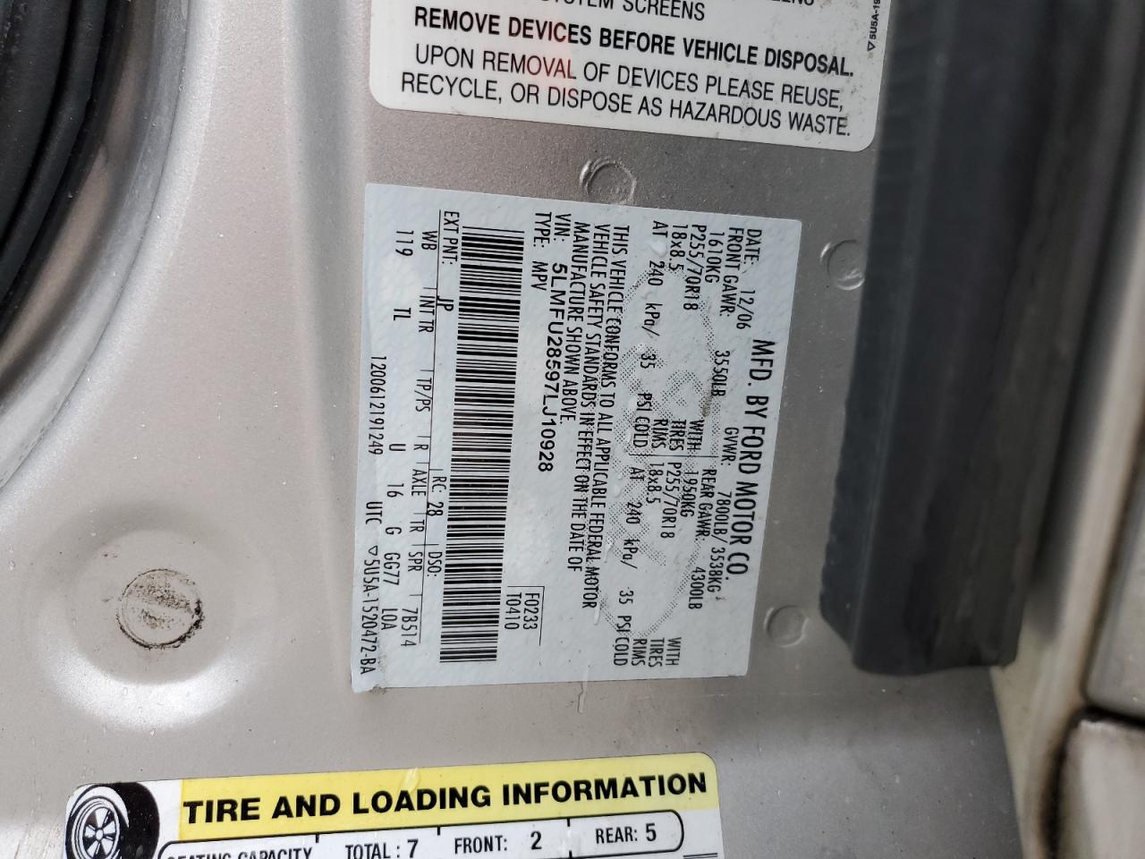2007 Lincoln Navigator VIN: 5LMFU28597LJ10928 Lot: 81097055