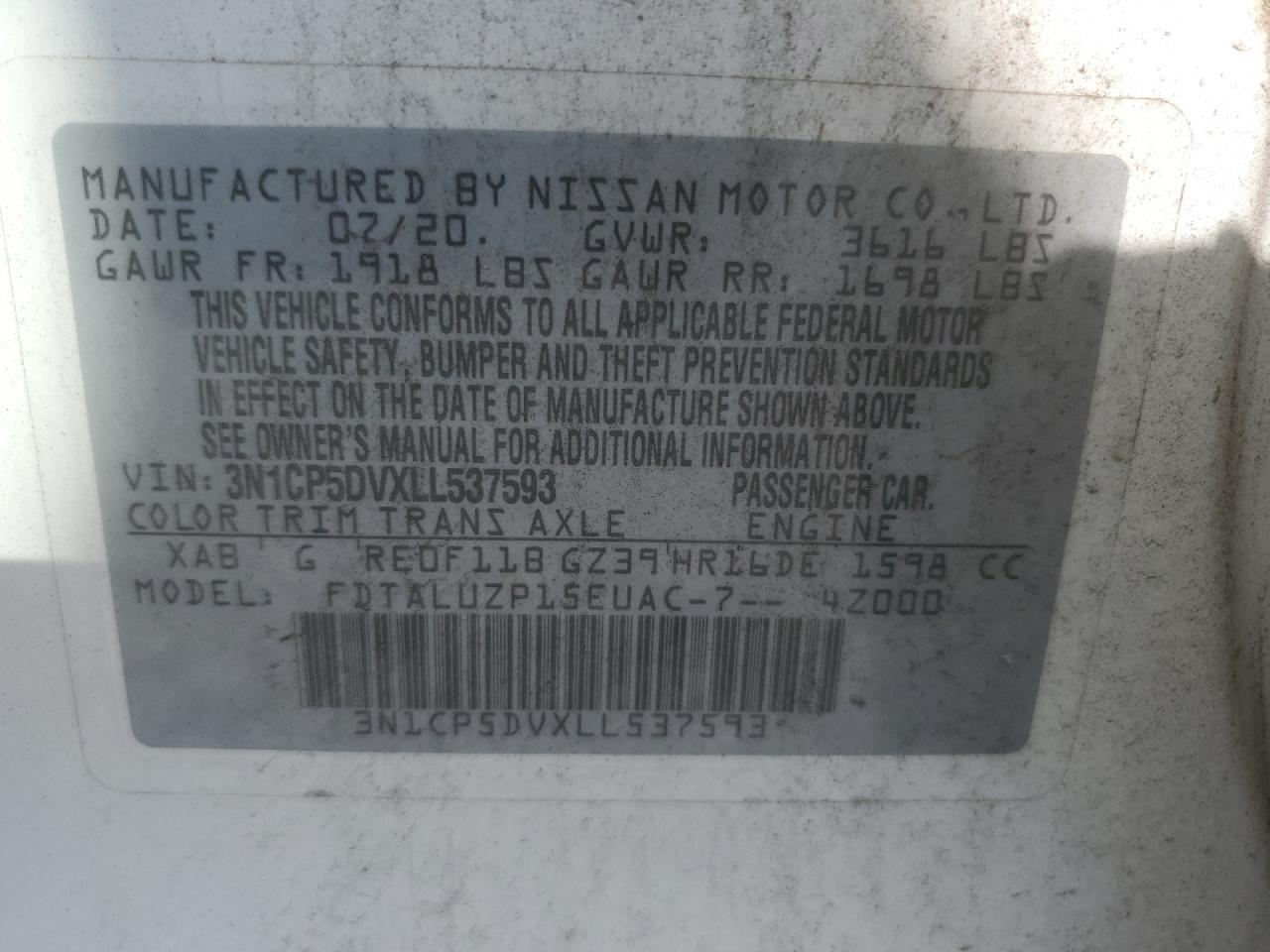 2020 Nissan Kicks Sr VIN: 3N1CP5DVXLL537593 Lot: 80549645