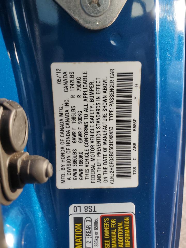 2012 Honda Civic Lx VIN: 2HGFG3B55CH548450 Lot: 81486195