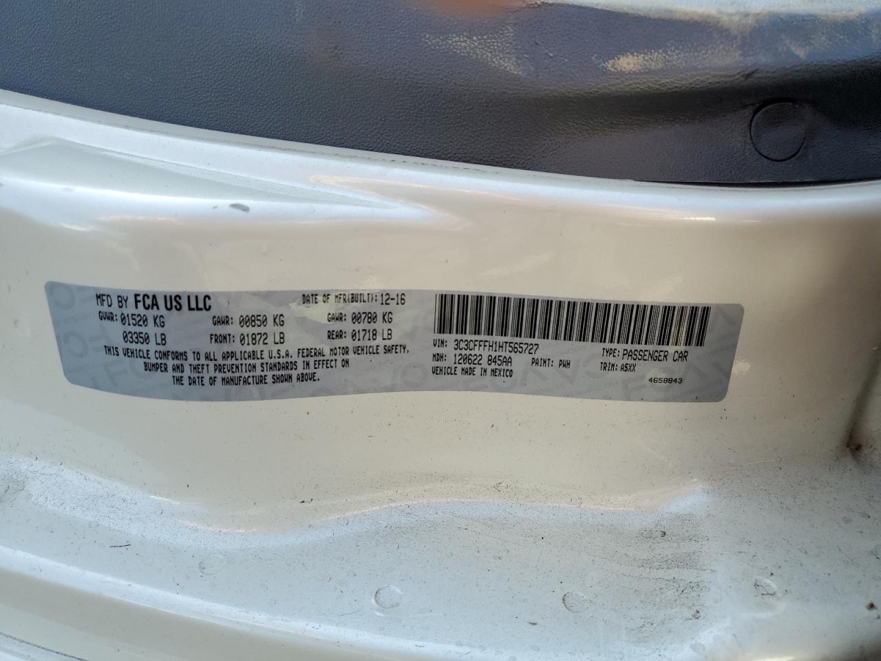 2017 Fiat 500 Abarth VIN: 3C3CFFFH1HT565727 Lot: 80726895